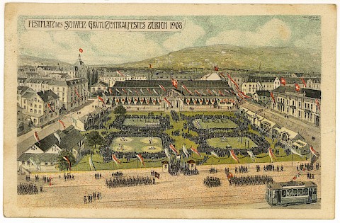 Postkarte mit dem Festareal des Schweizerischen Grütlizentralfestes Zürich aus dem Jahre 1908