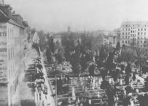 Der Friedhof hinter dem Bethaus auf der heutigen Lutherwiese um 1895 (BAZ)